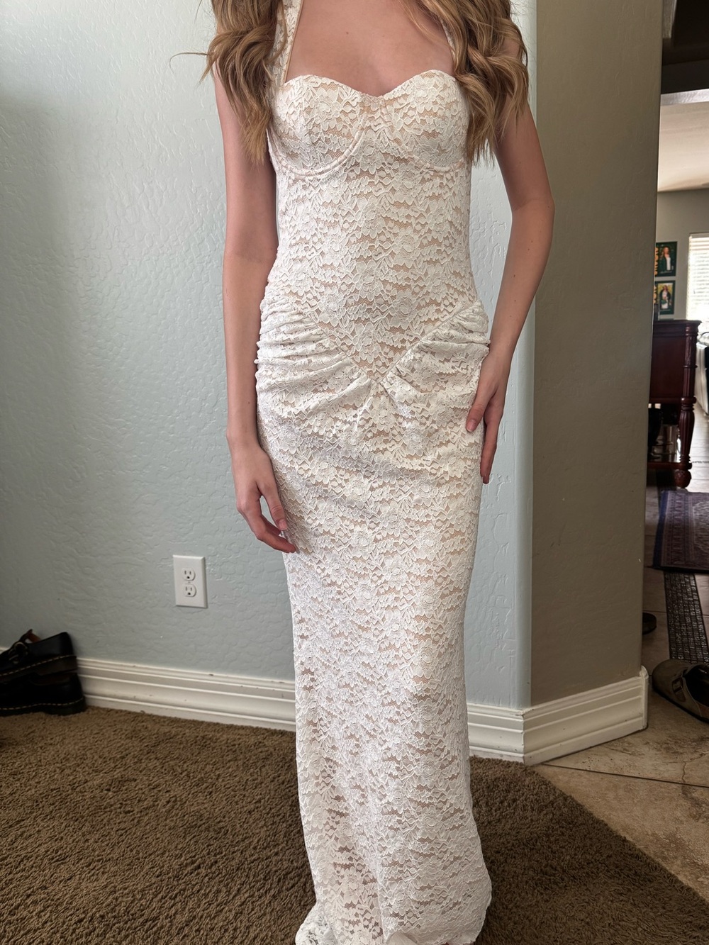 NWT Hello Molly White Lace Halter Maxi Gown, size small, bridal, bachelorette